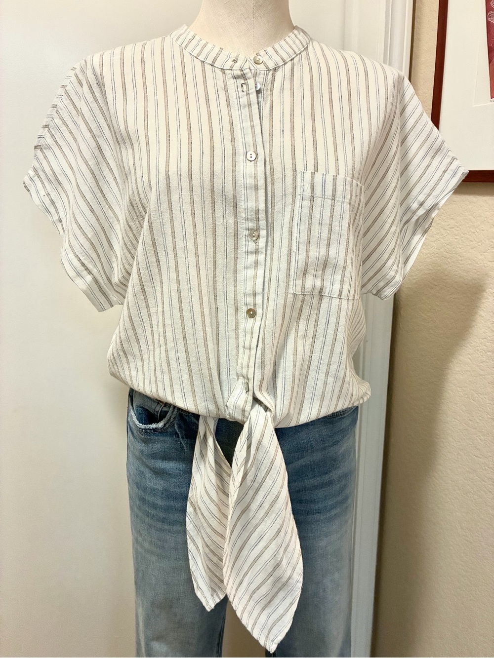 Lovestitch Cotton/Linen Button Shirt with Beige Stripes Sz M